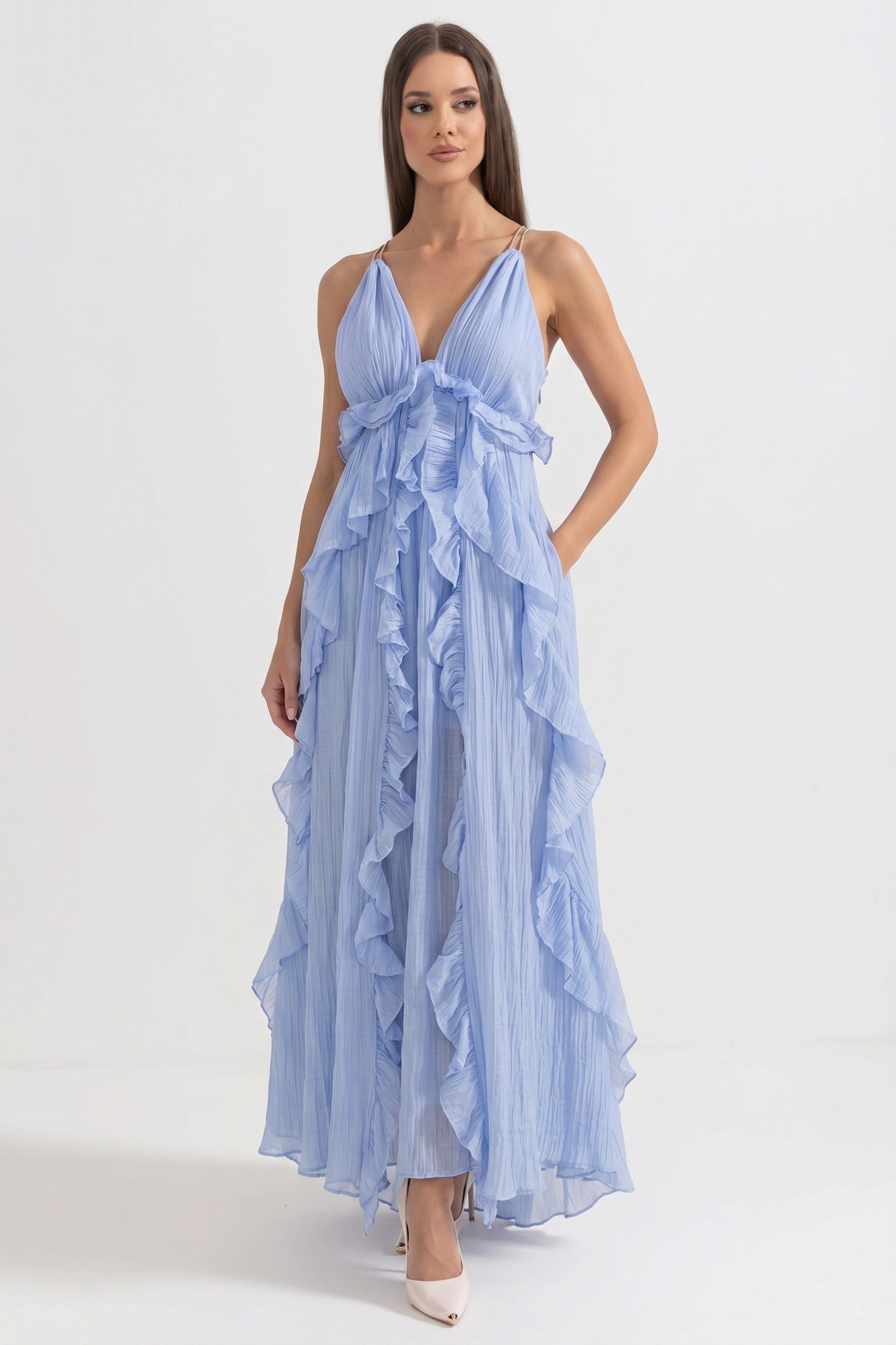 Deep V-Neck Ruffle Maxi Dress With Cascading Asymmetric Tiers - Blue