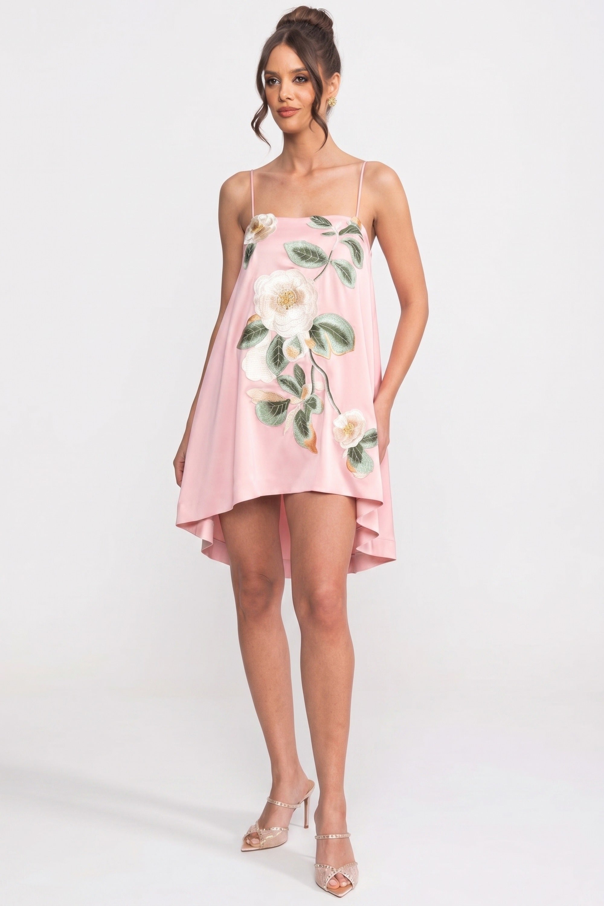 Spaghetti-Strap Mini Dress With 3D Floral Appliqué And A-Line Skirt - Pink