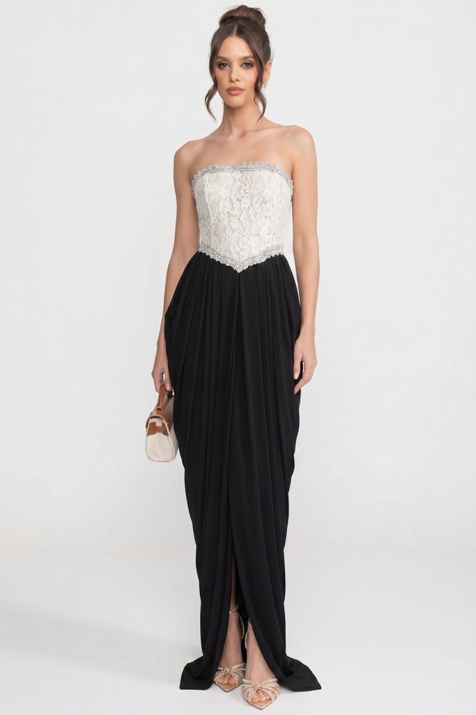 Strapless Gown With 3D Floral Corset Bodice And Draped Black Skirt - White+Black