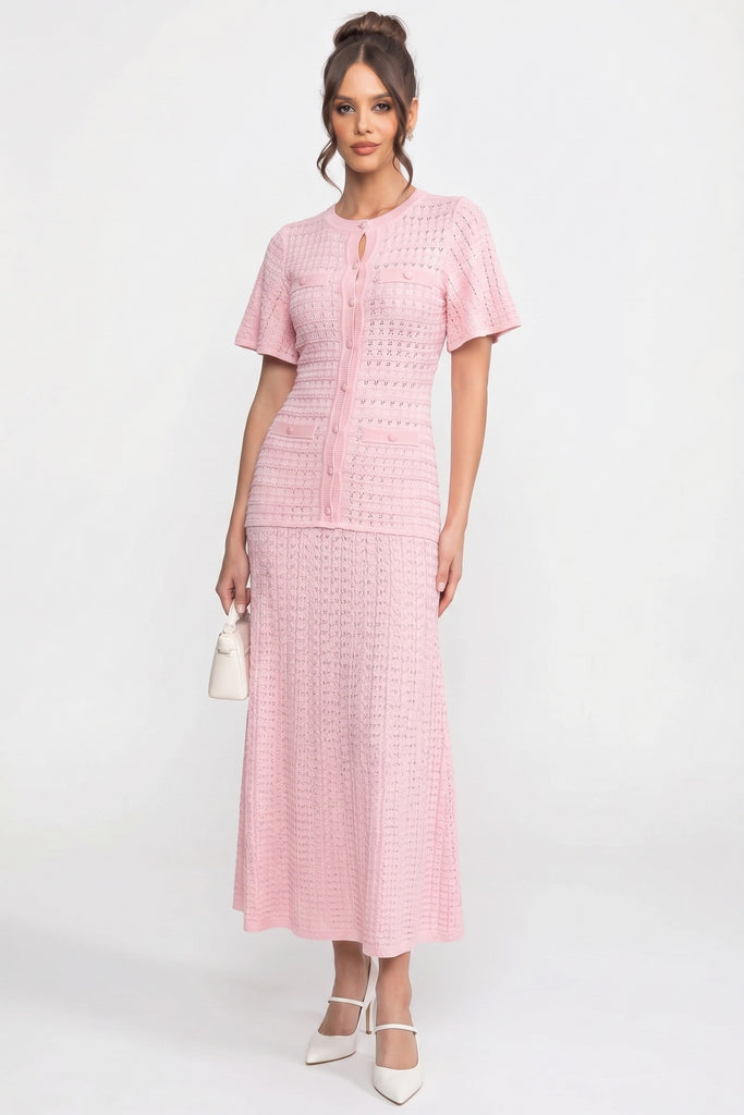 Short Sleeve Midi Dress With Shimmer Knit Texture - Pink