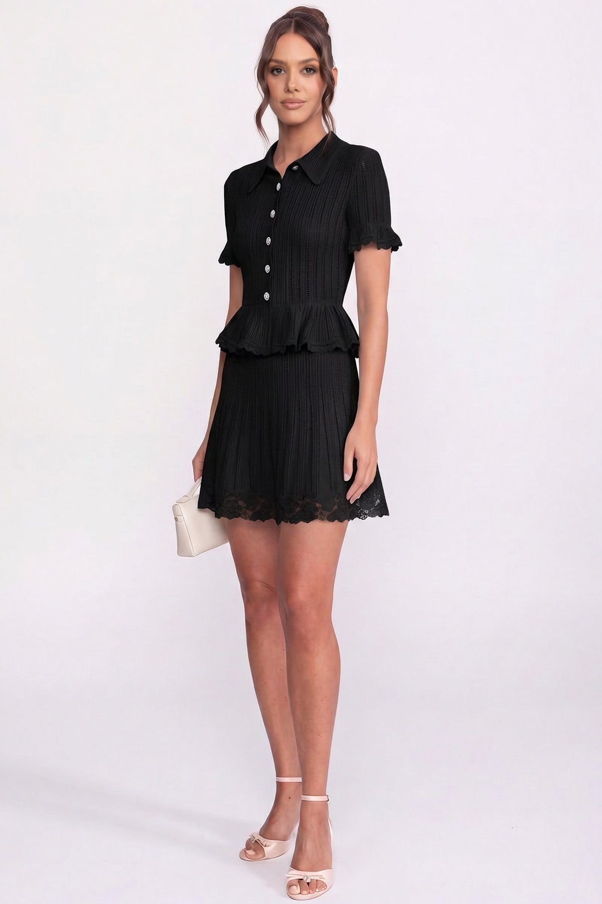 Polo-Collar with Button Top and Mini Skirt Set - Black