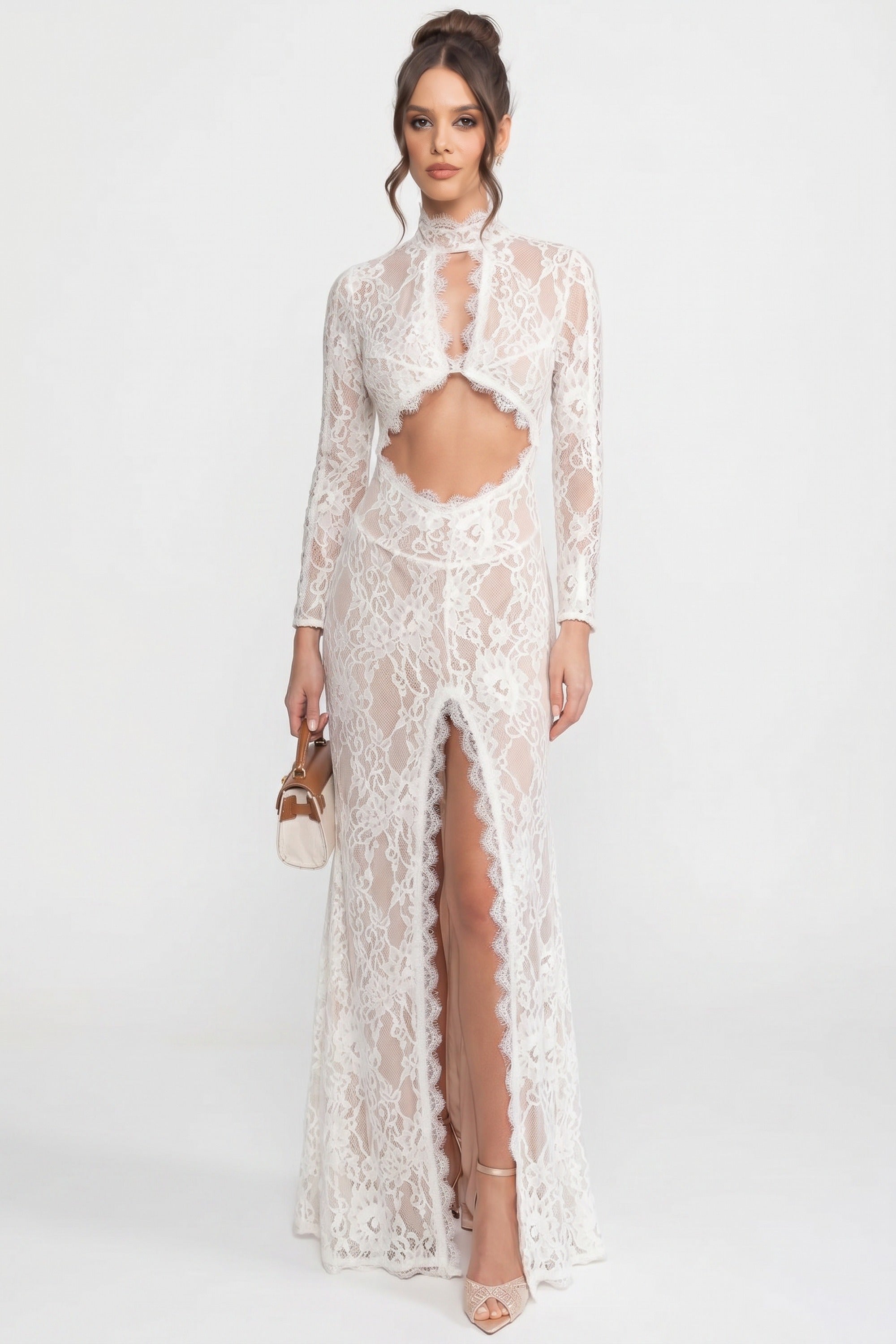 Elegant Lace Gown With High Neck, Front Cutout And Slit - White
