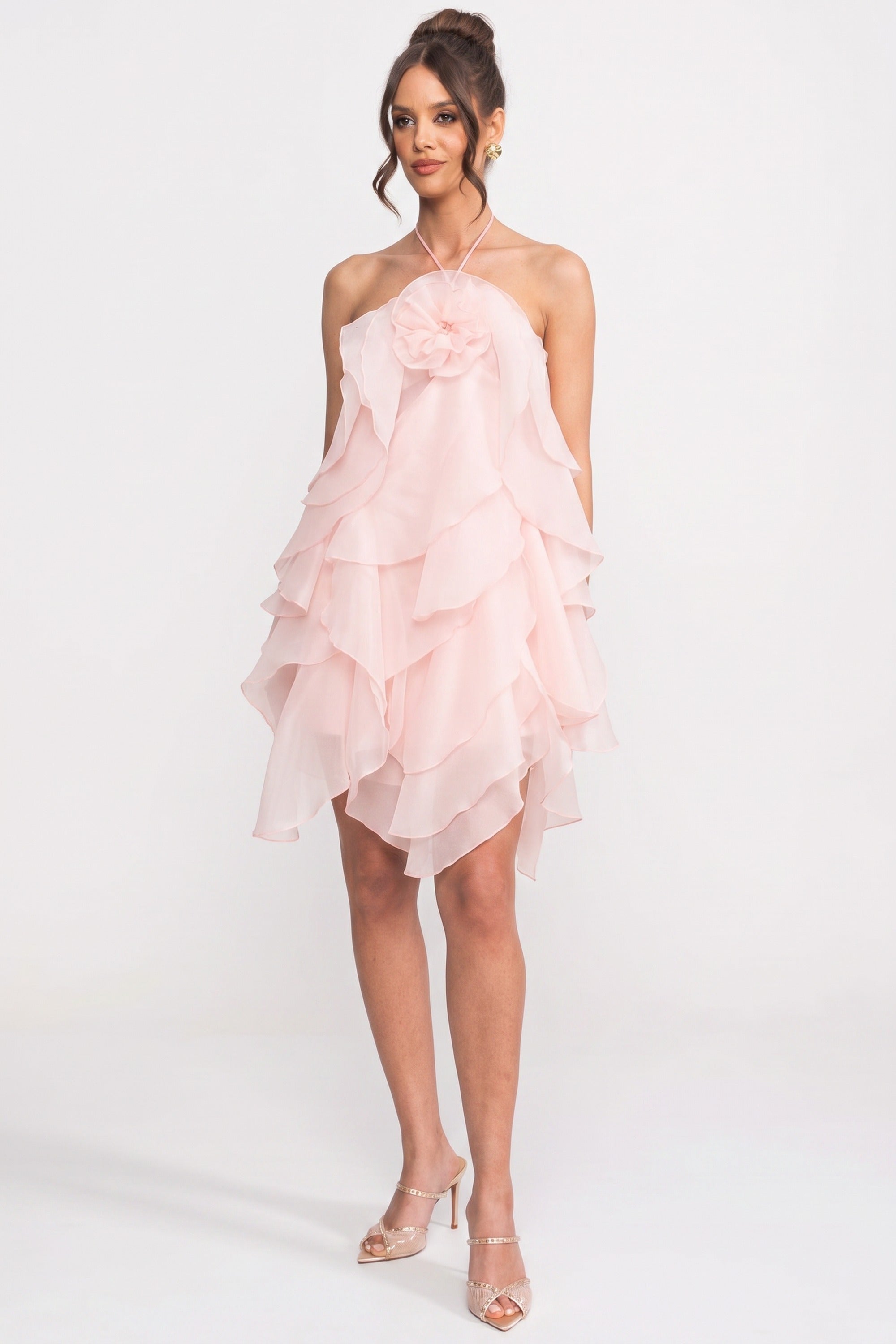 Tiered Ruffle Mini Dress With 3D Floral Halter Neck - Pink