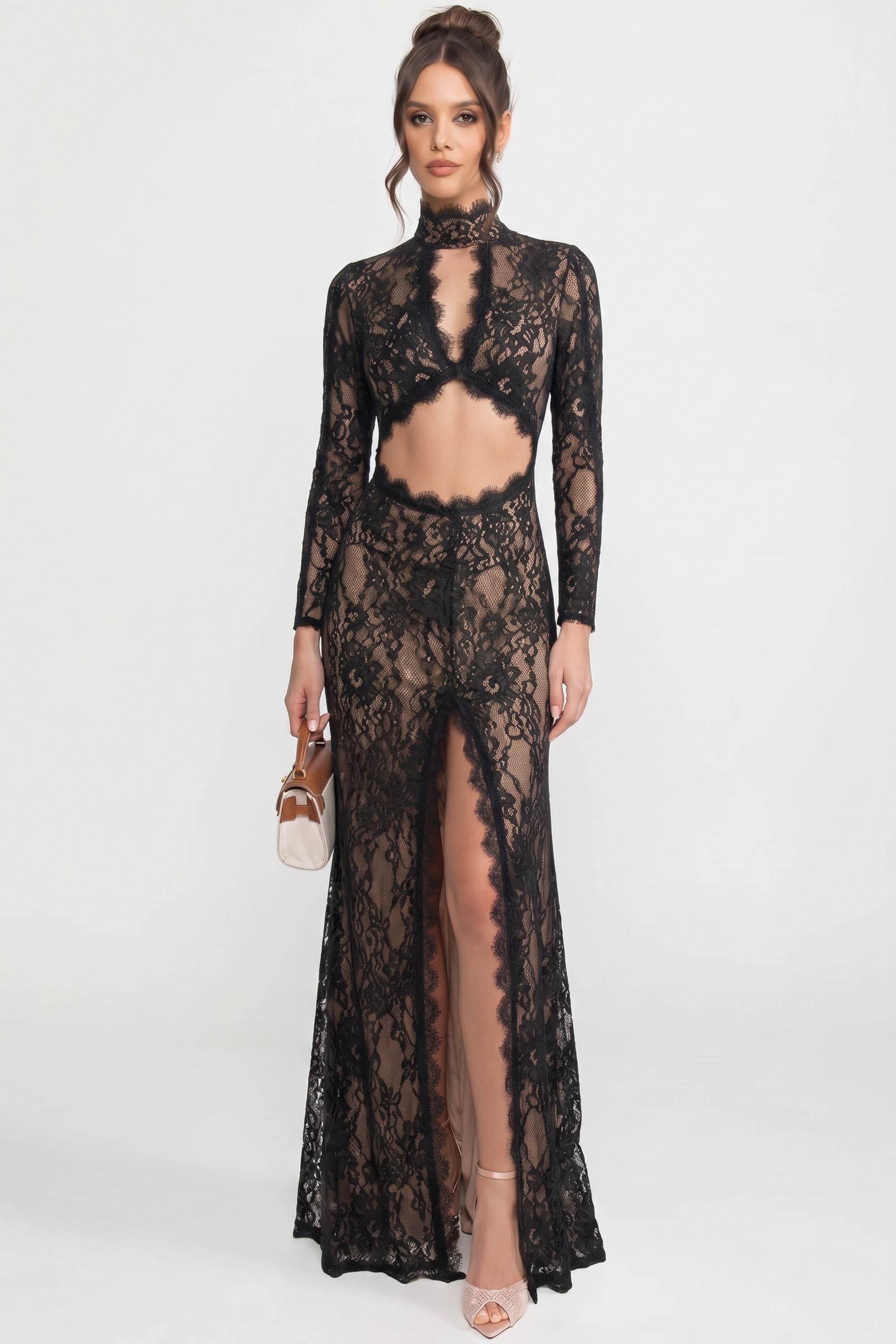 Elegant Lace Gown With High Neck, Front Cutout And Slit - Black