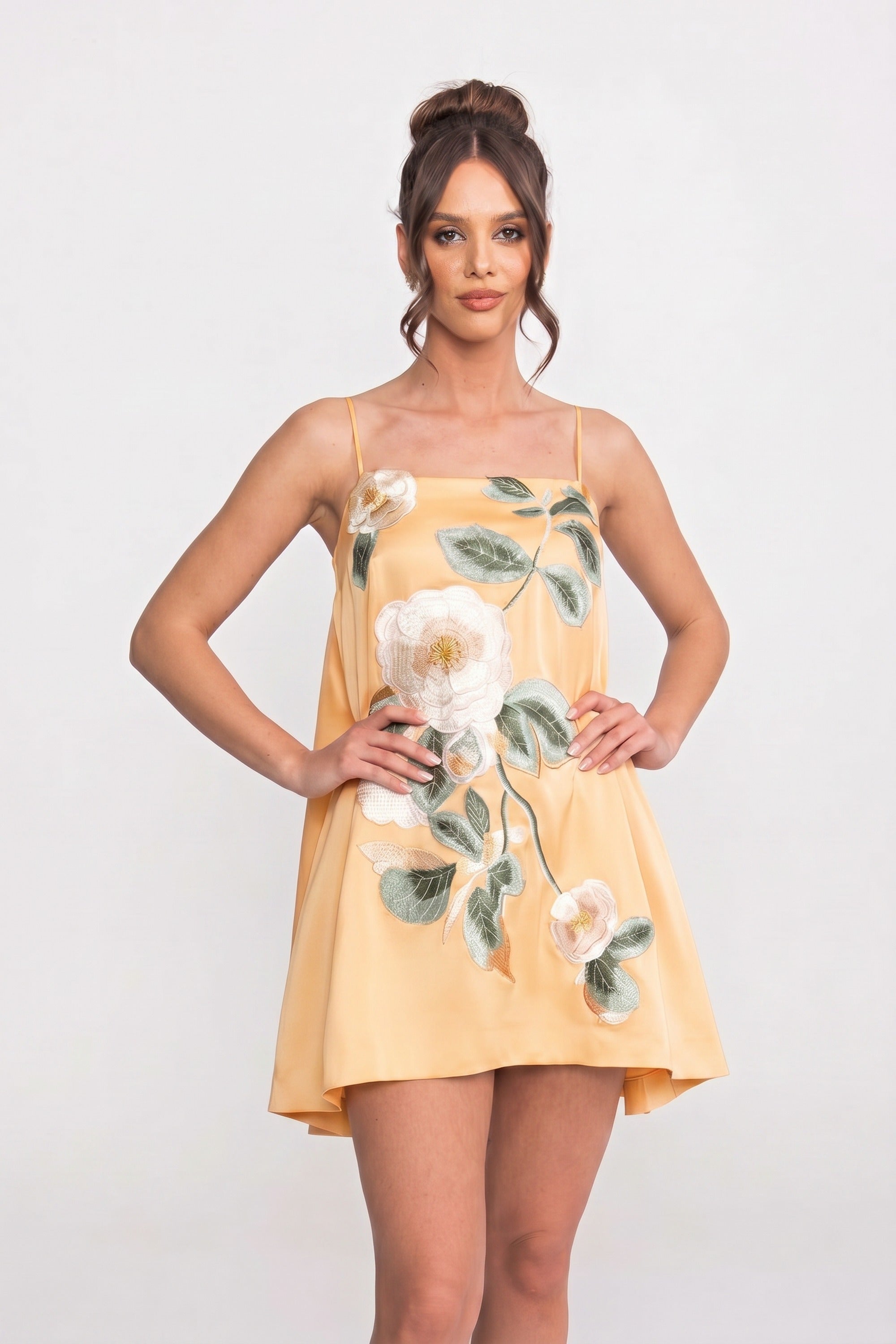 Spaghetti-Strap Mini Dress With 3D Floral Appliqué And A-Line Skirt - Yellow