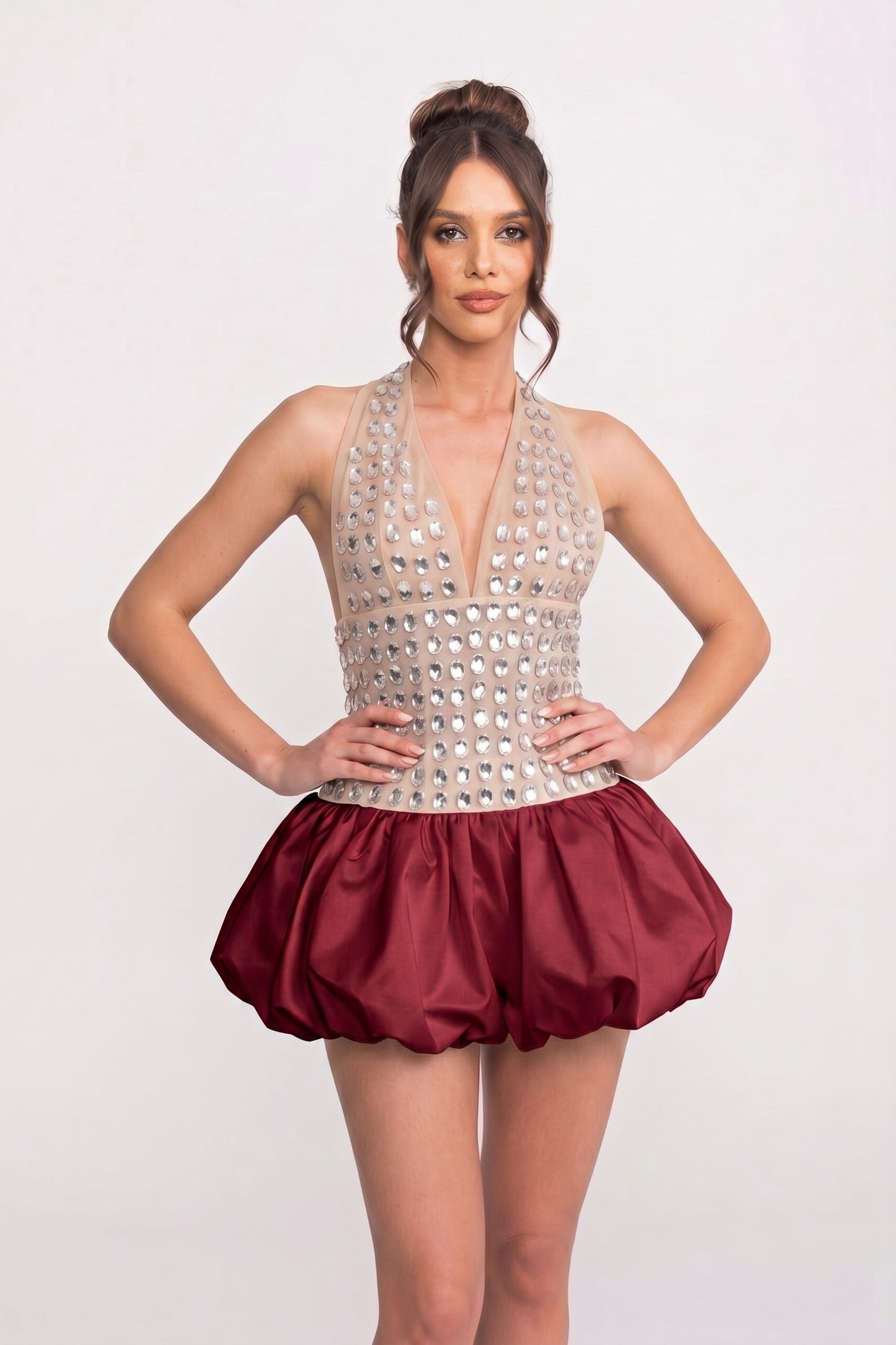 Crystal-Embellished Halter Mini Dress With Bubble Skirt - Red