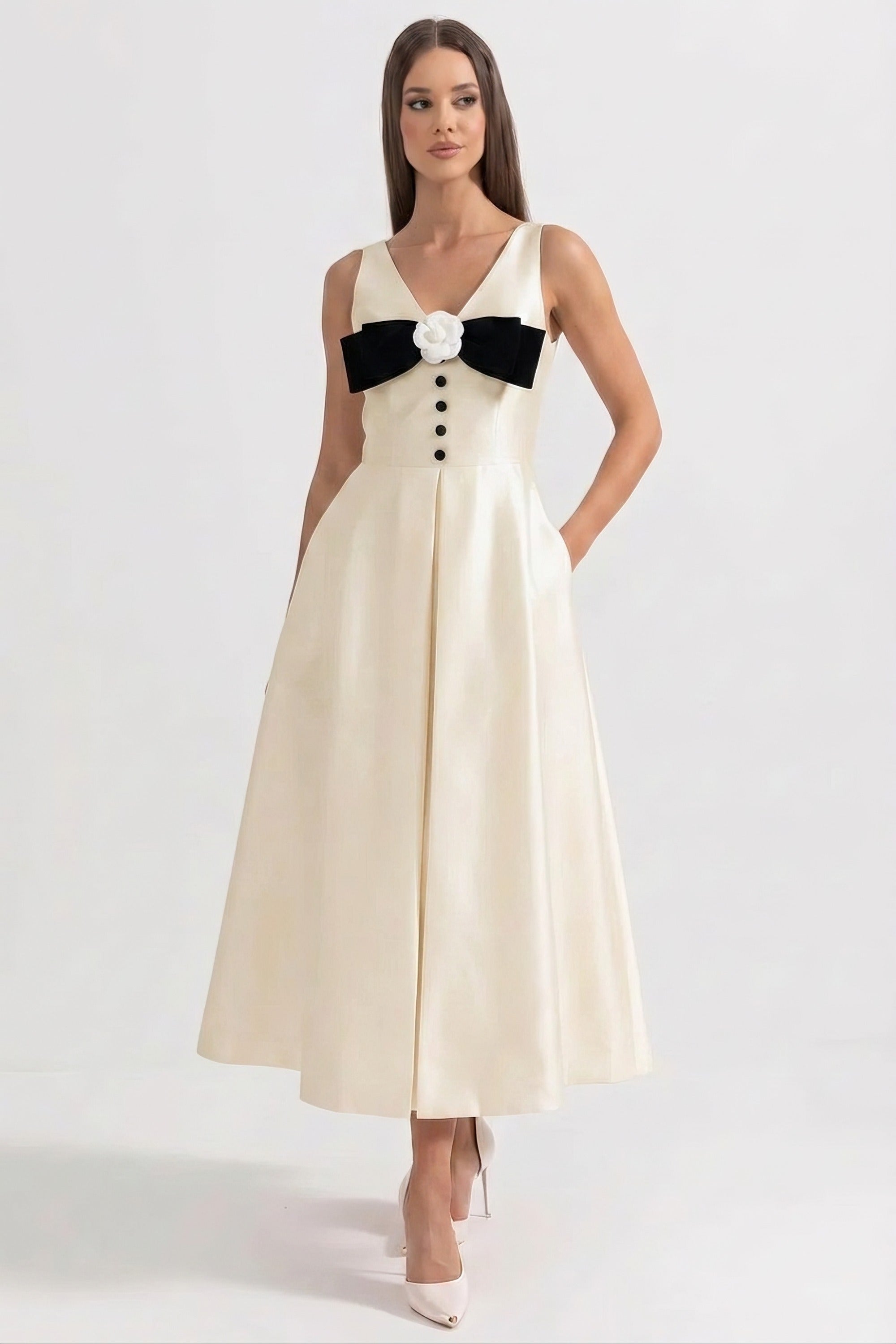 Halter Neck Maxi Dress With Black Bow Bustline And Button Front - White