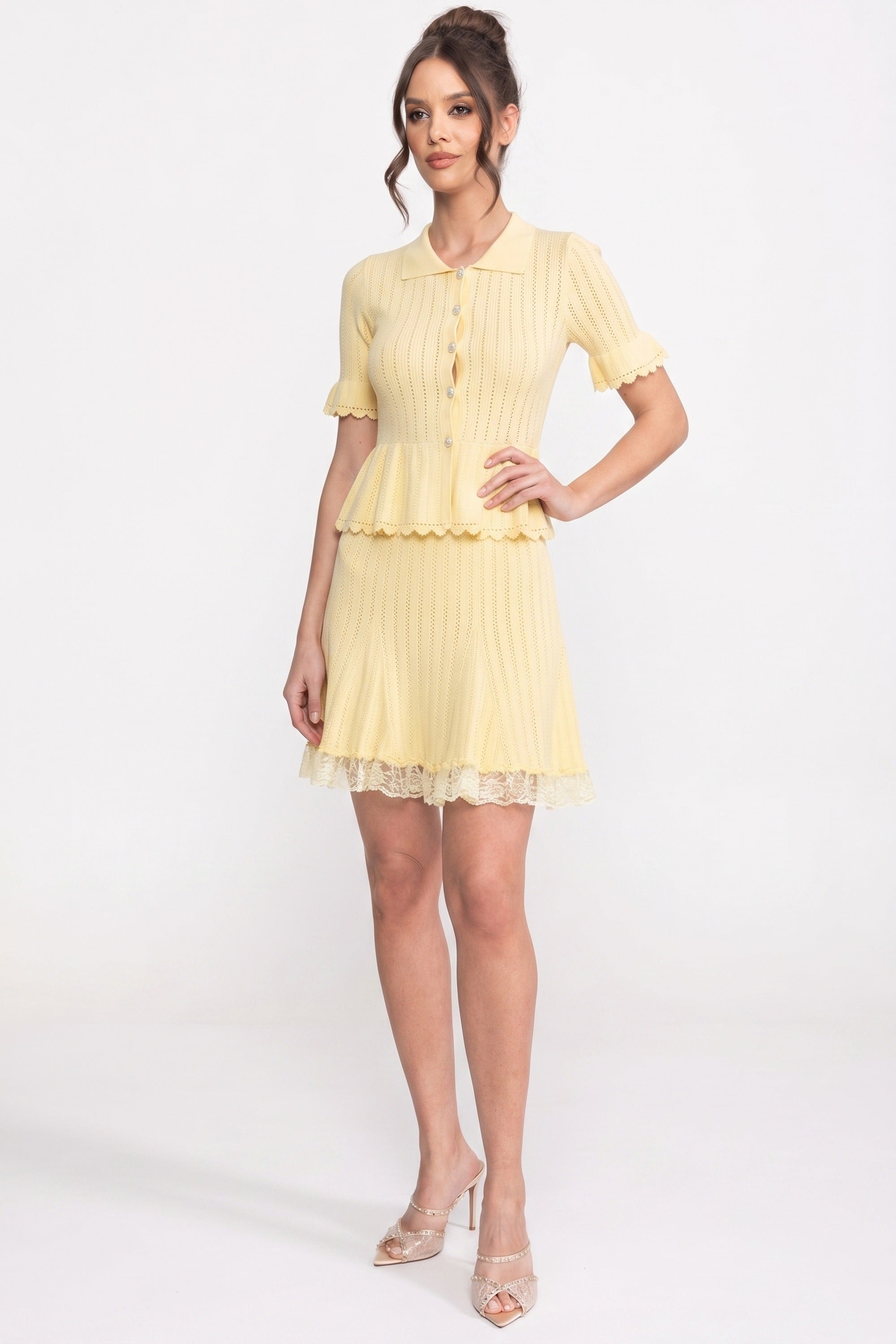Peter-Pan Collar Knit Peplum Co-Ord set With Lace Hem - Yellow