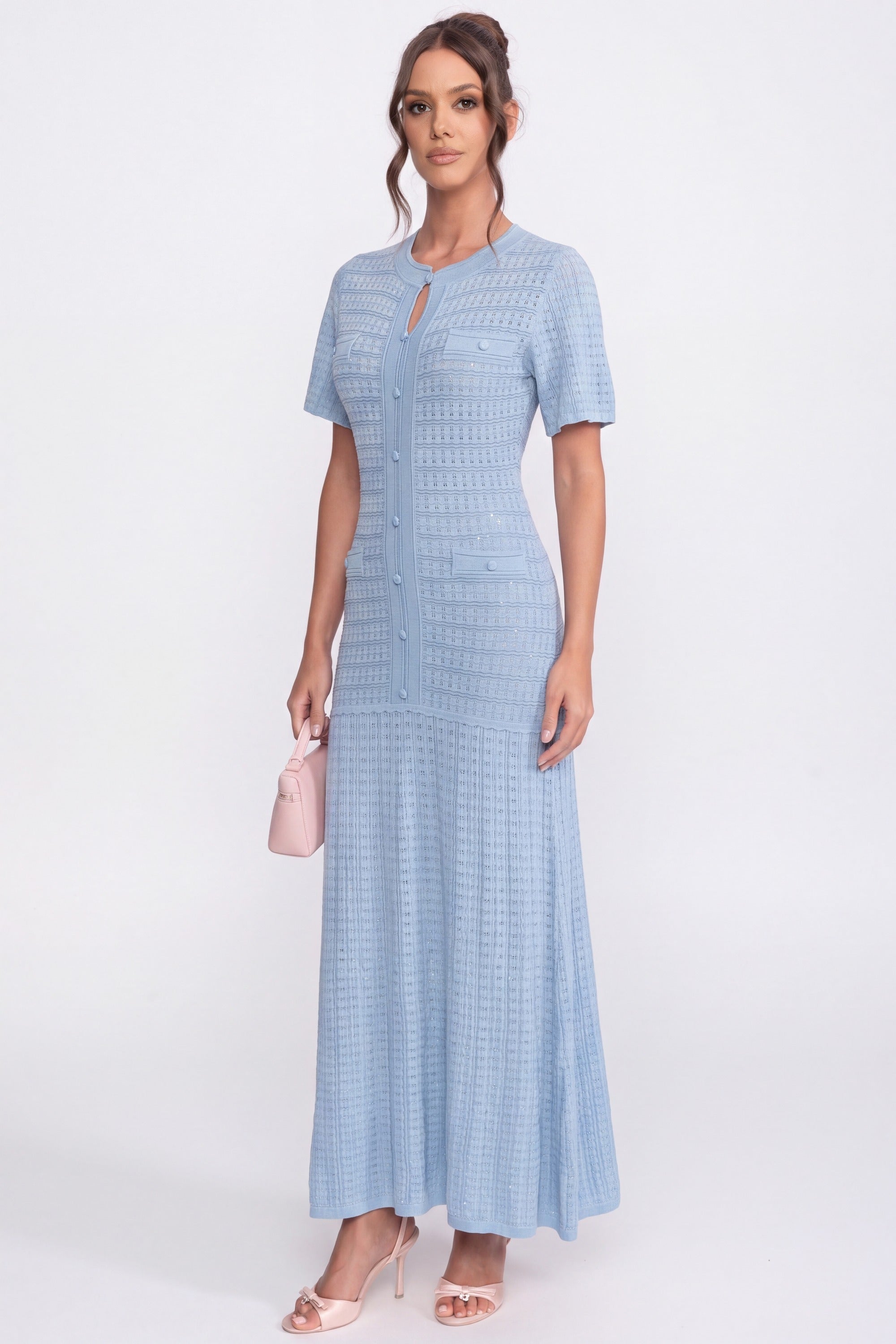 Short Sleeve Midi Dress With Shimmer Knit Texture - Light Blue