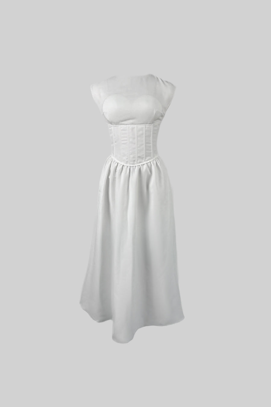 Sleeveless Midi Dress with Fitted Bodice - White