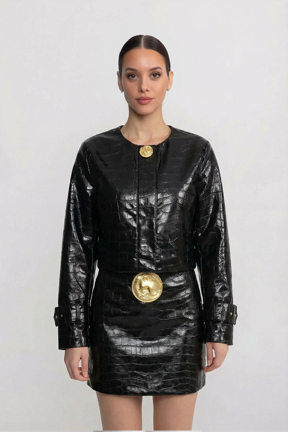 Croc-Effect Cropped Jacket With Gold Button Closure - Black
