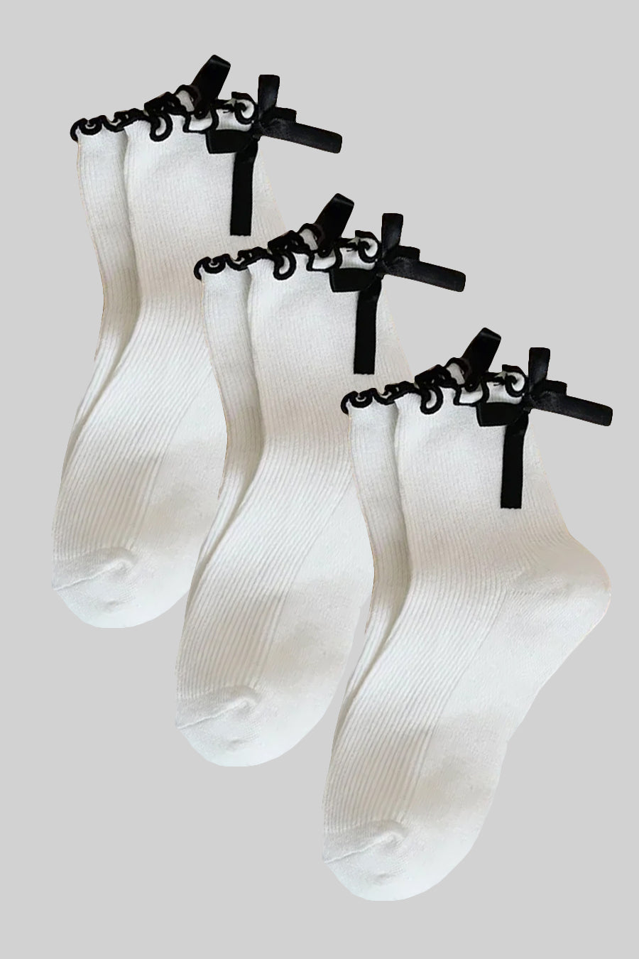 Ribbed Socks (x3) With Black Bow And Ruffled Trim Accents - White