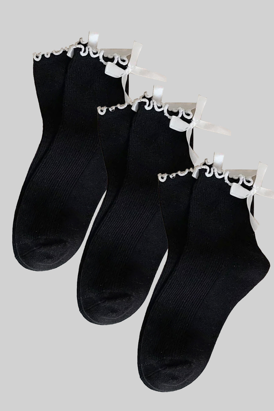 Ribbed Socks (x3) With White Bow And Ruffled Trim Accents - Black