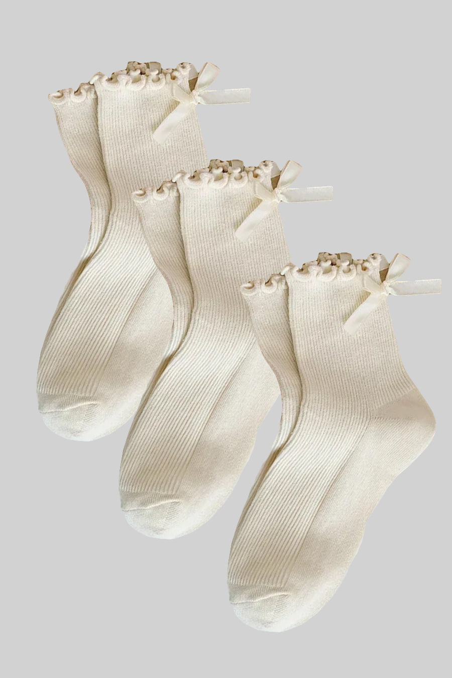 Ribbed Socks (x3) With Bow And Ruffled Trim Accents - Beige