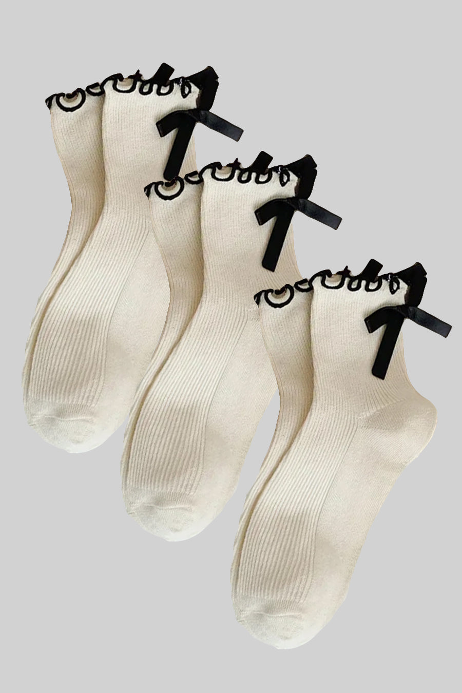 Ribbed Socks (x3) With Black Bow And Ruffled Trim Accents - Beige