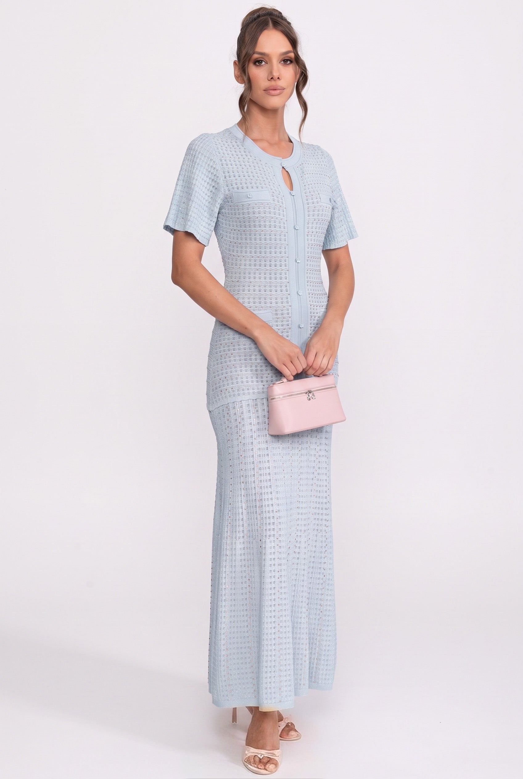 Short Sleeve Midi Dress With Shimmer Knit Texture - Light Blue