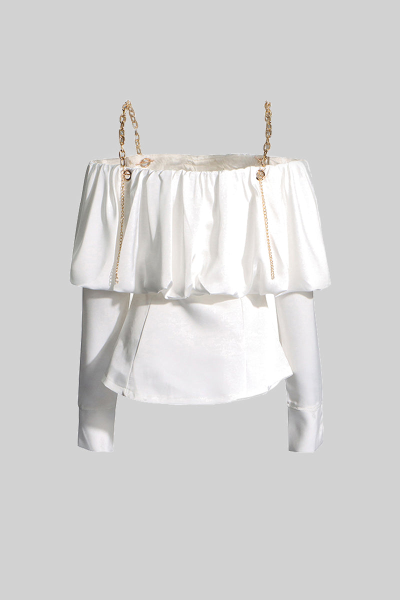 Off Shoulder Satin Shirt with Golden Metallic Straps - White