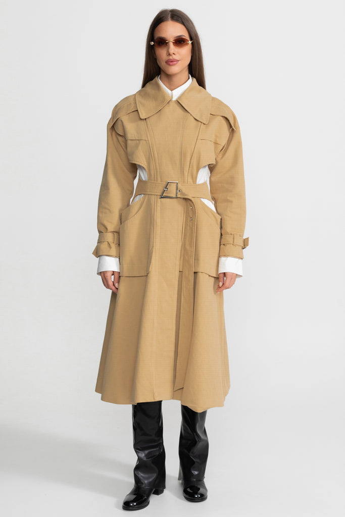 Cutout Trench Coat with Belted Waist and Utility Pockets - Beige