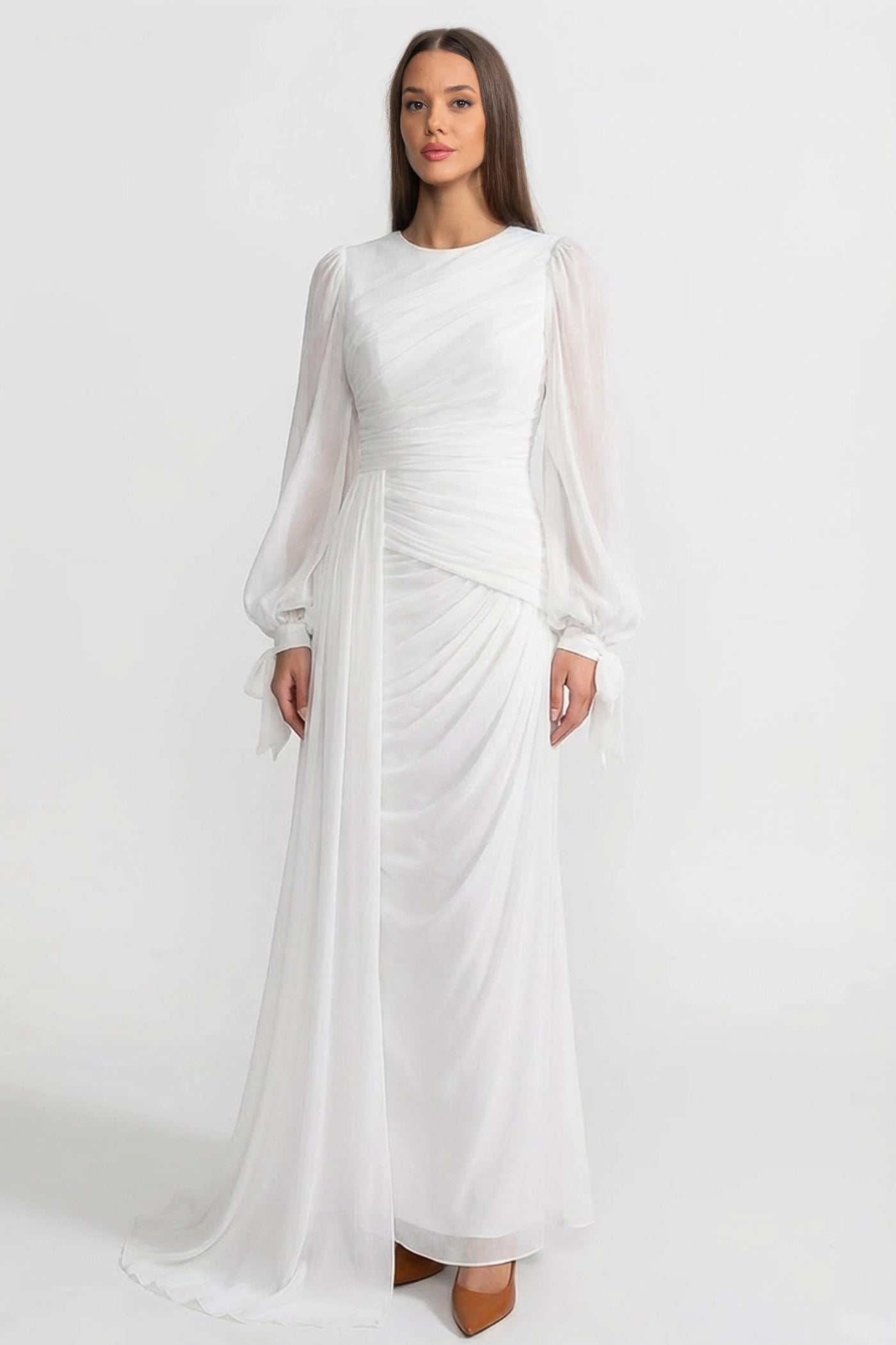 Draped Long-Sleeve Maxi Dress with Gathered Waist – White