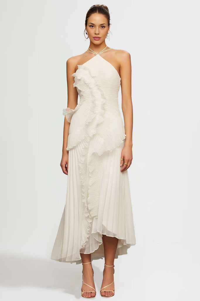 Pleated Halter Midi Dress With Cascading Ruffle Details - White
