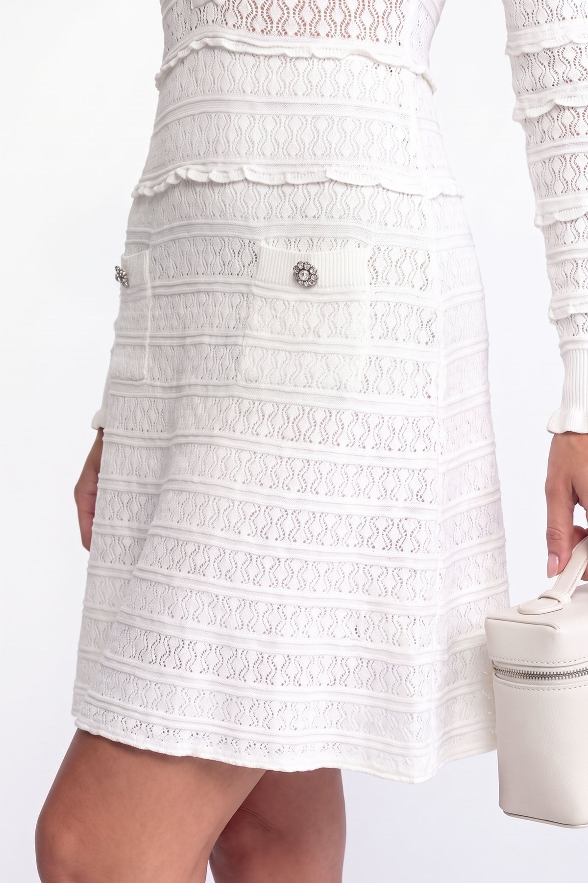 Button Front Knit Fit And Flare Dress With Crystal Buttons - White