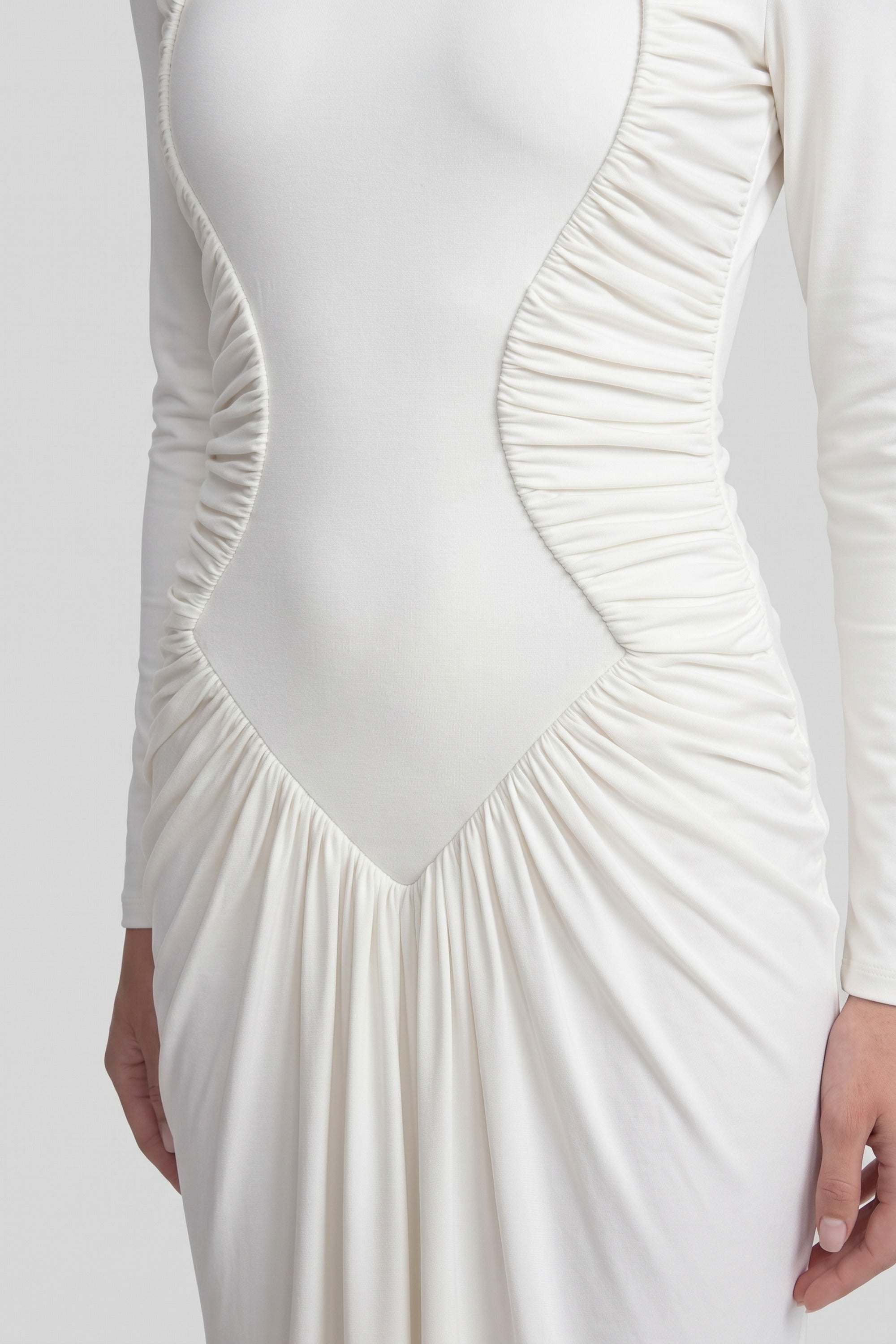 High-Neck Long-Sleeve Ruched Mermaid Gown With Diagonal Drape - White