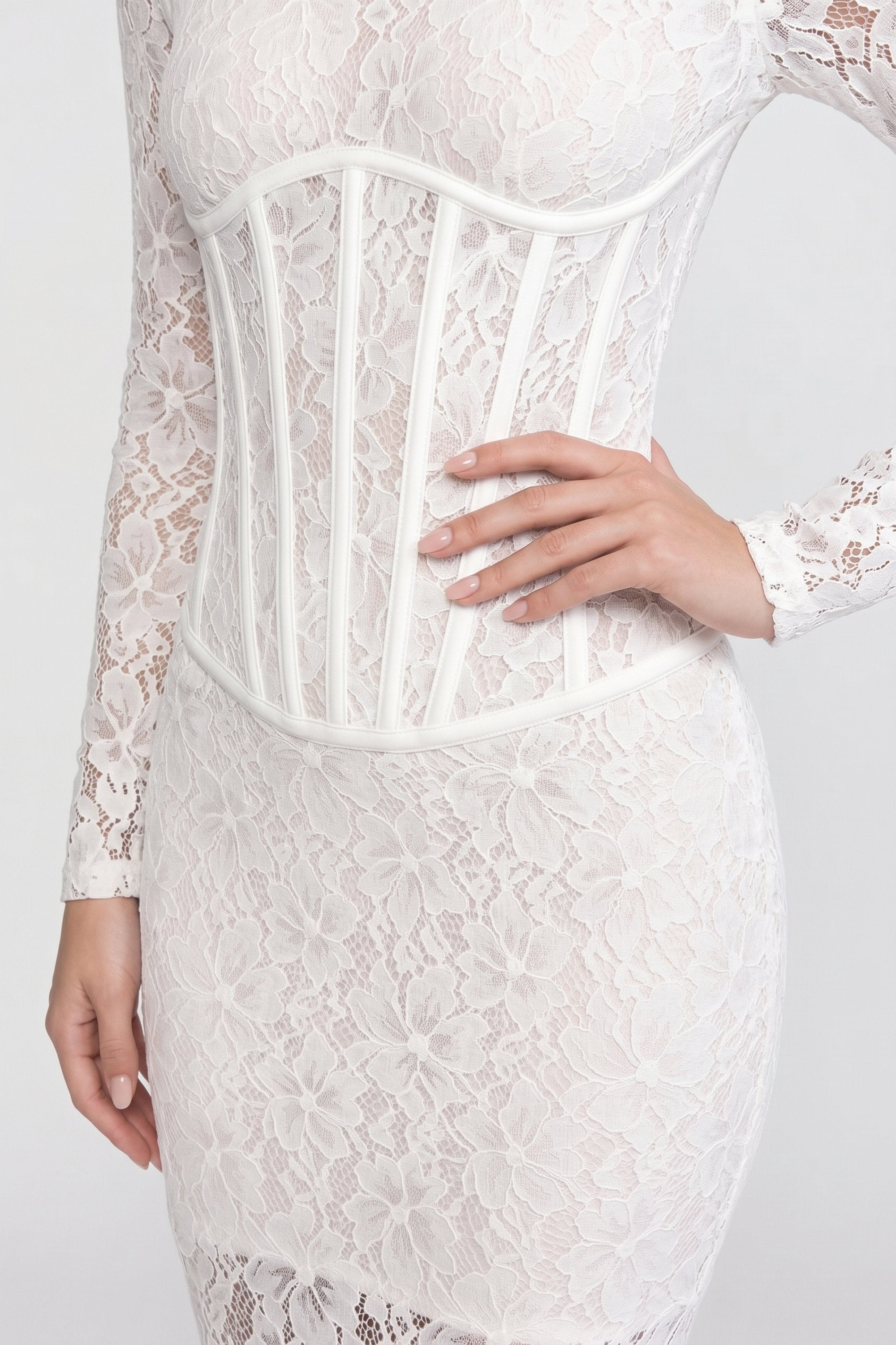 High-Neck Long-Sleeve Lace Maxi Dress With Column Silhouette - White