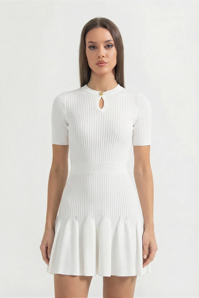 Ribbed Knit Mini Dress With Gold Button Keyhole Neckline - White