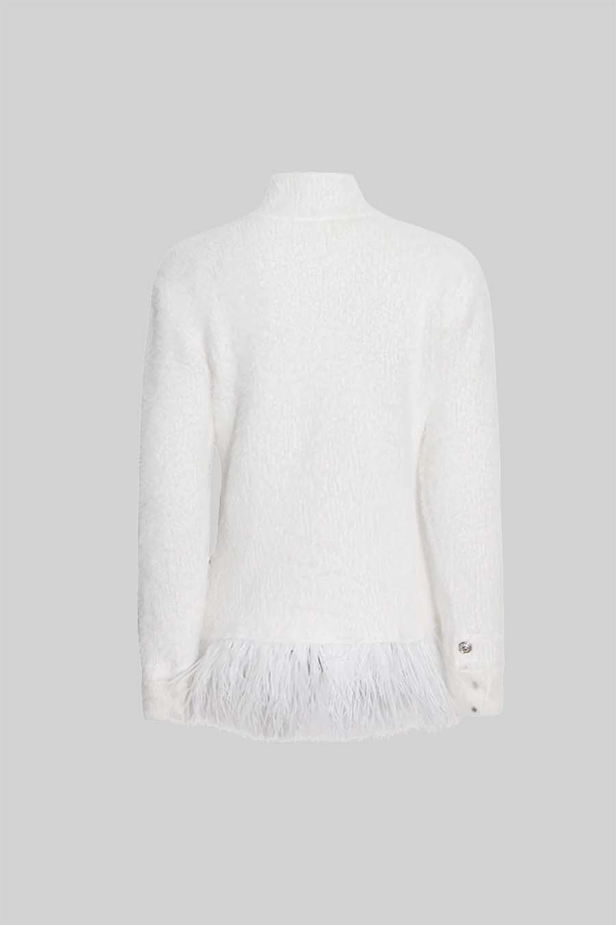 Double Breasted Textured Jacket With Fringed Hem - White