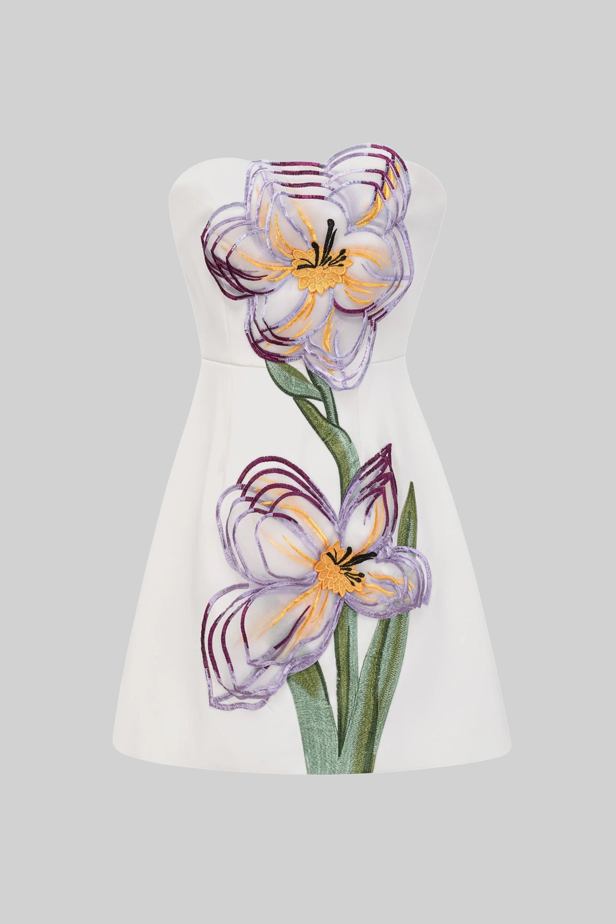 Strapless Mini Dress With 3D Iris Floral Appliqué - White