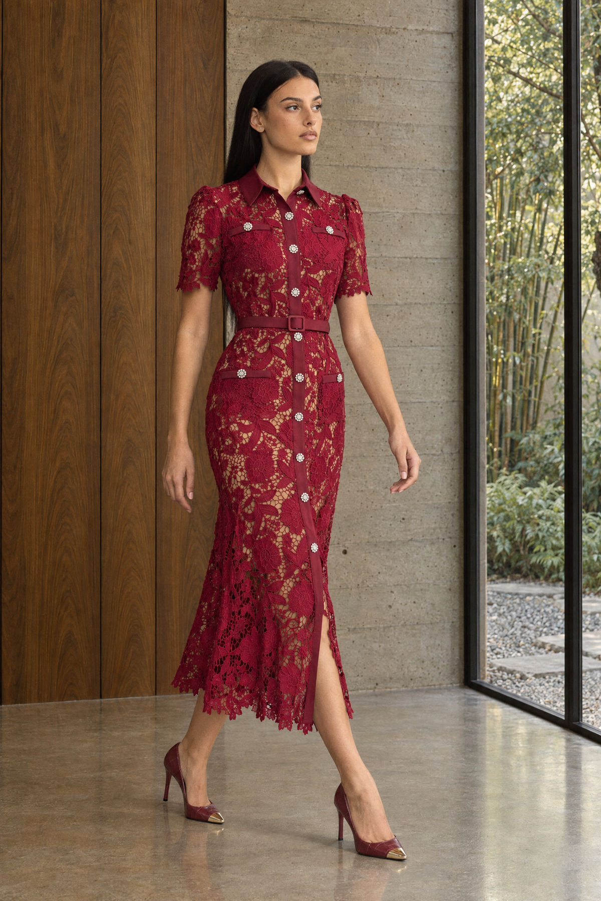 Guipure Lace Crystal Button Shirt Midi Dress - Wine