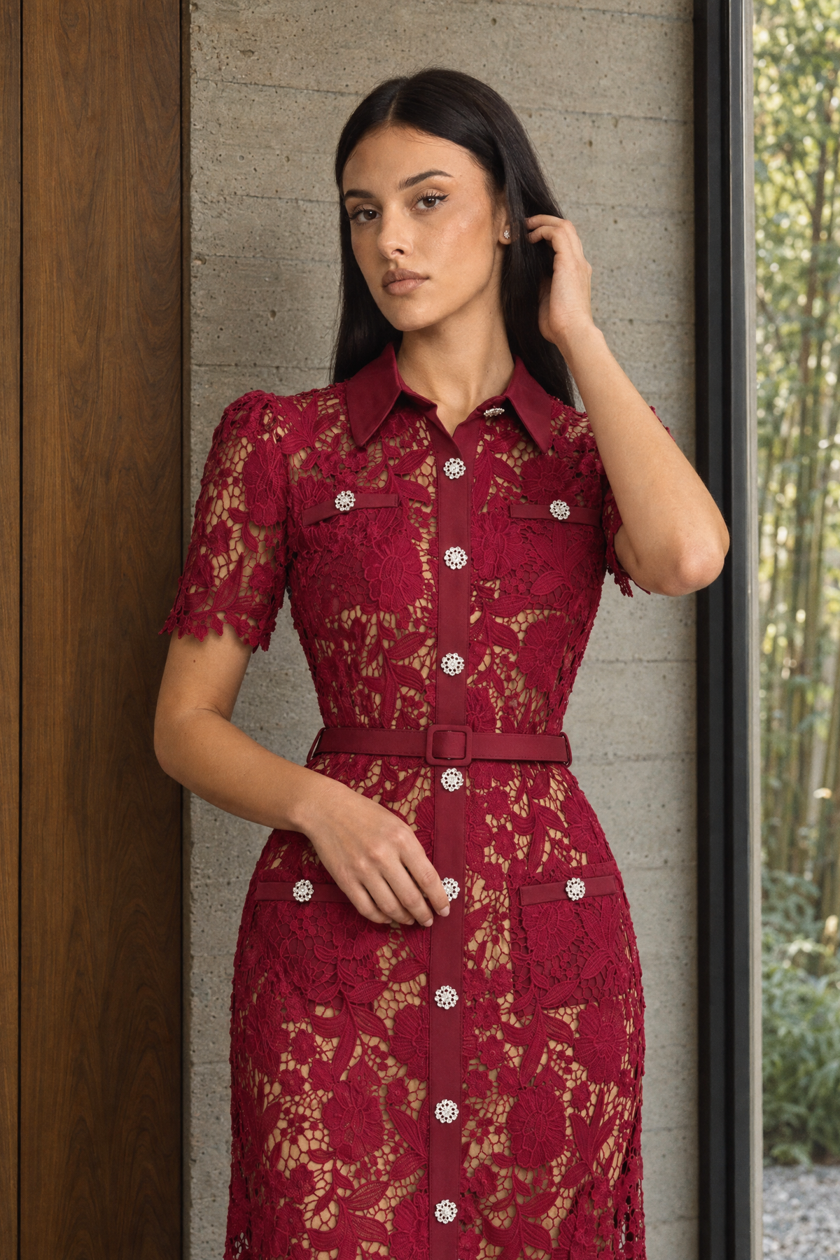 Guipure Lace Crystal Button Shirt Midi Dress - Wine