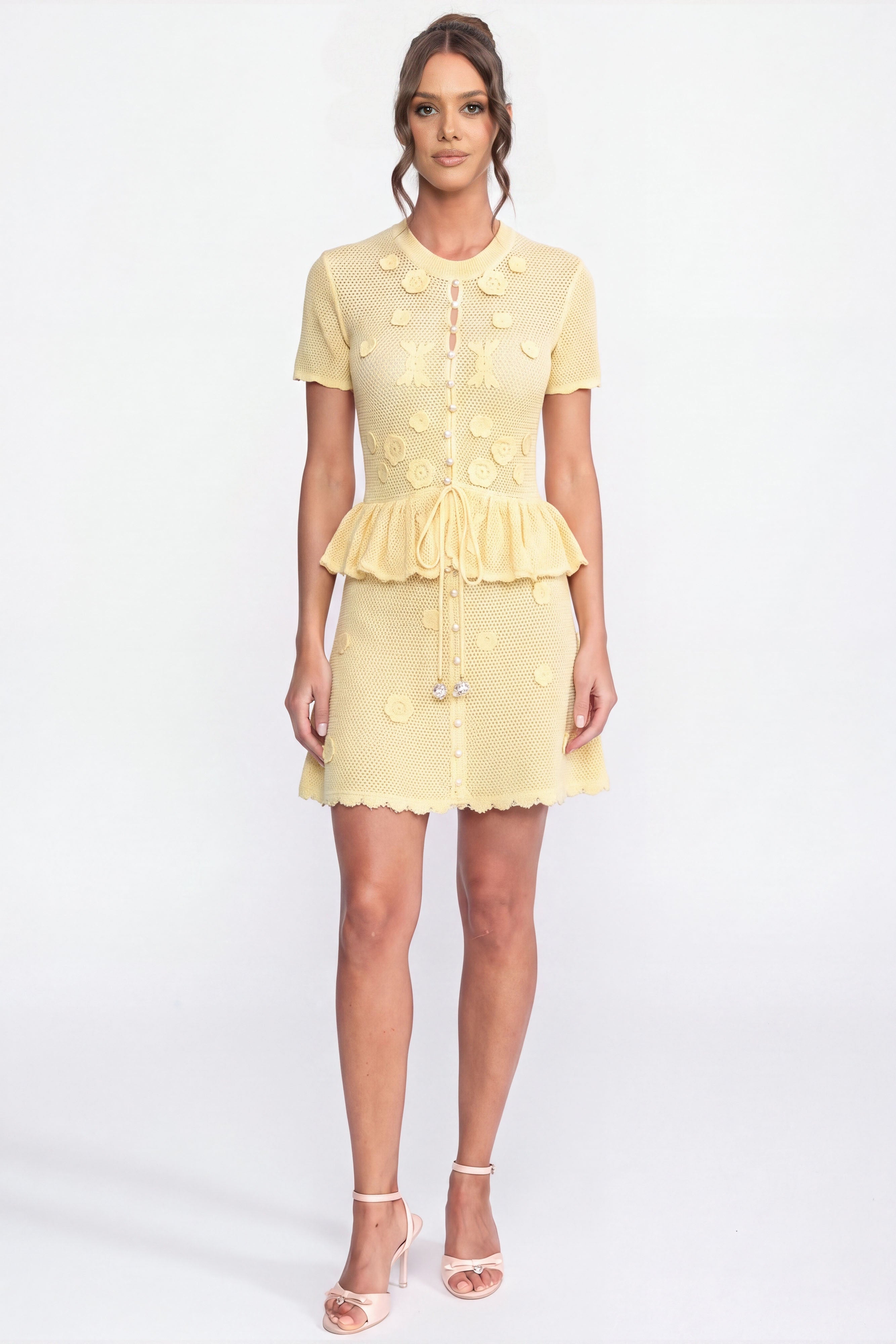 Floral Crochet Peplum Mini Dress With Drawstring Waist - Yellow