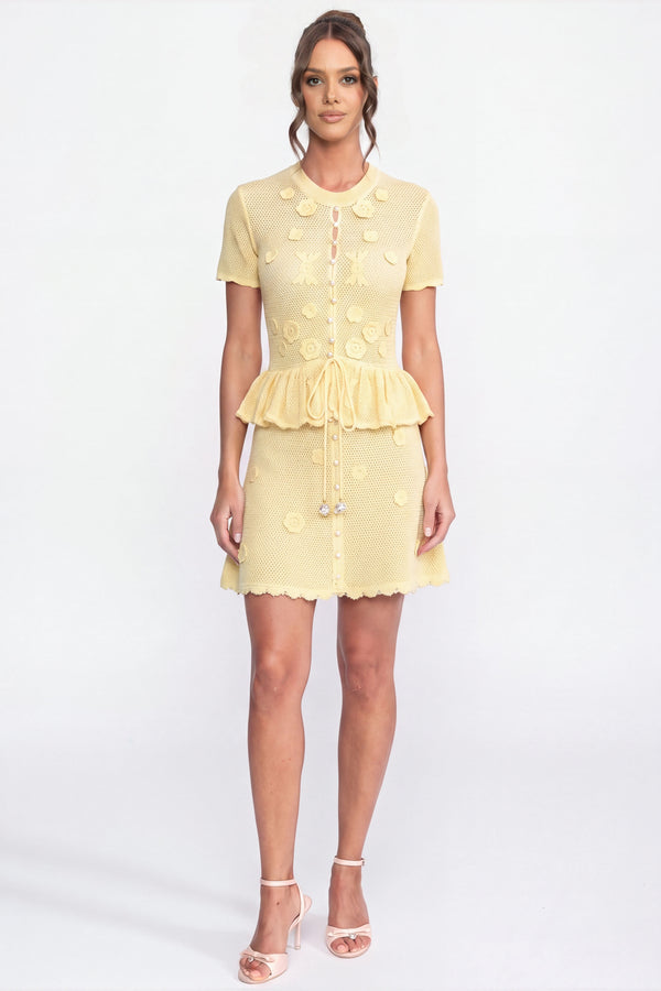 Floral Crochet Peplum Mini Dress With Drawstring Waist - Yellow