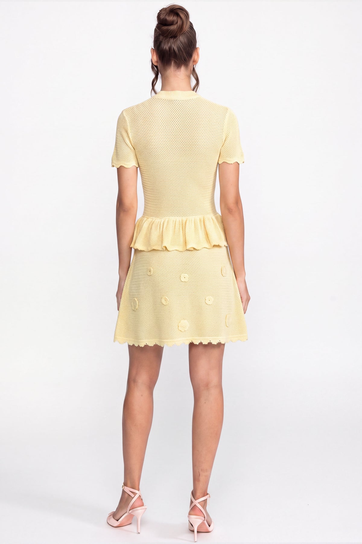 Floral Crochet Peplum Mini Dress With Drawstring Waist - Yellow