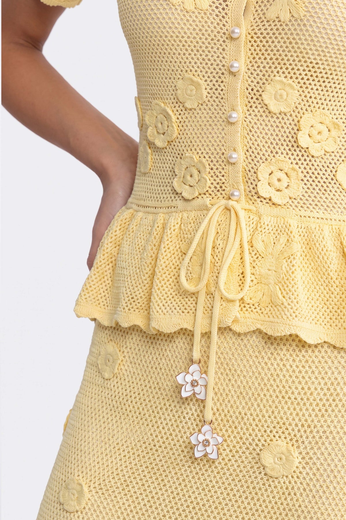 Floral Crochet Peplum Mini Dress With Drawstring Waist - Yellow