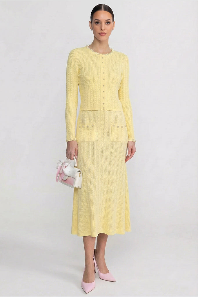Ribbed Knit Dress and Cardigan Set With Pearl Button Detailing - Yellow