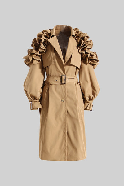 Ruffled Trench Coat - Brown