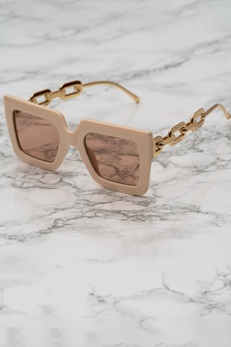 Square Sunglasses with Gold Chain Arms - Pink