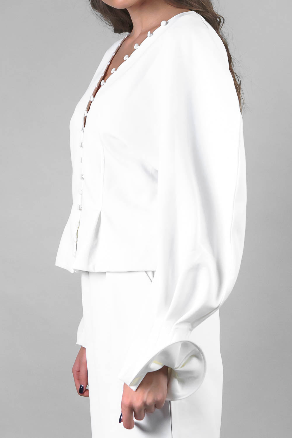 V-neck Shirt with Puffed Sleeves - White