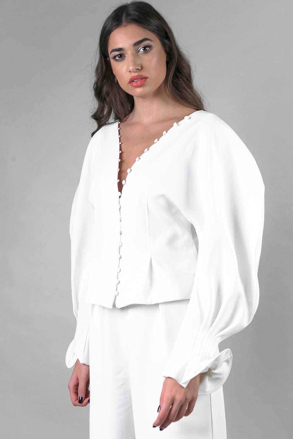 V-neck Shirt with Puffed Sleeves - White